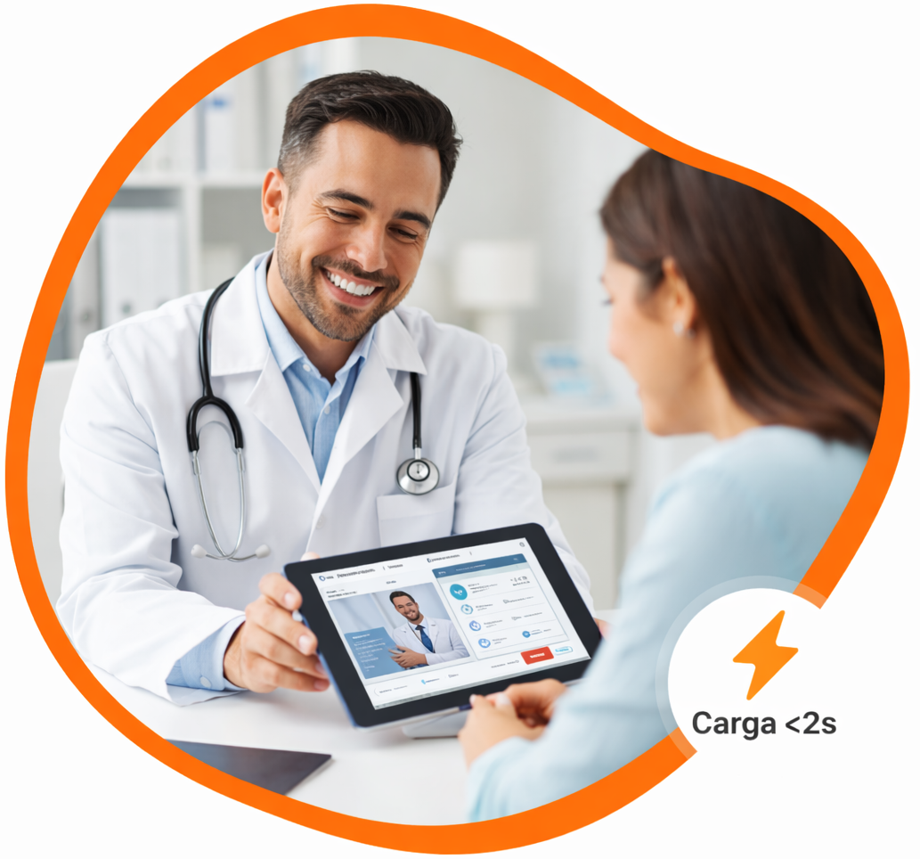 Diseño web para médicos mostrando consulta médica digital con tablet y atención profesional al paciente.